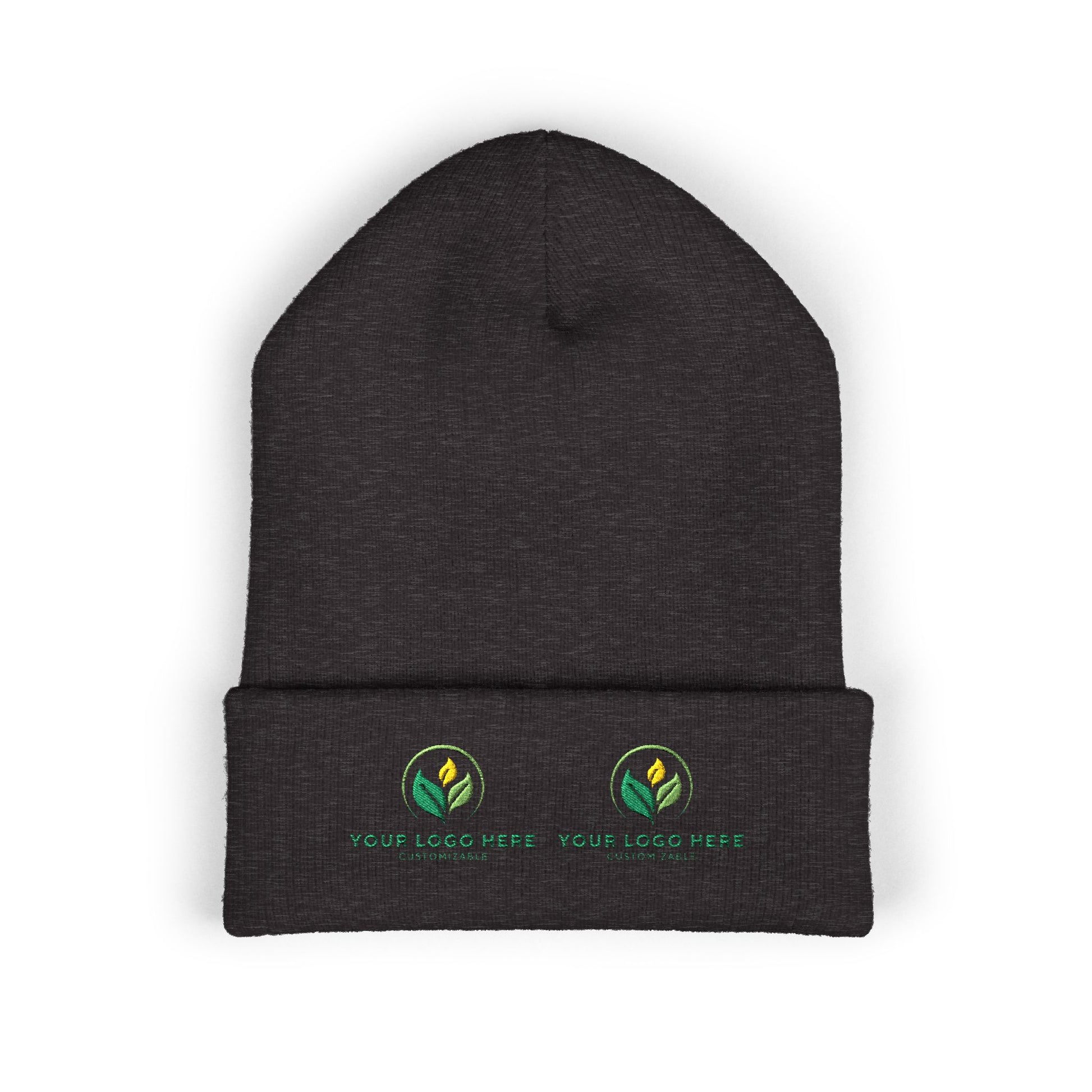 Black beanie with customizable logos on a white background