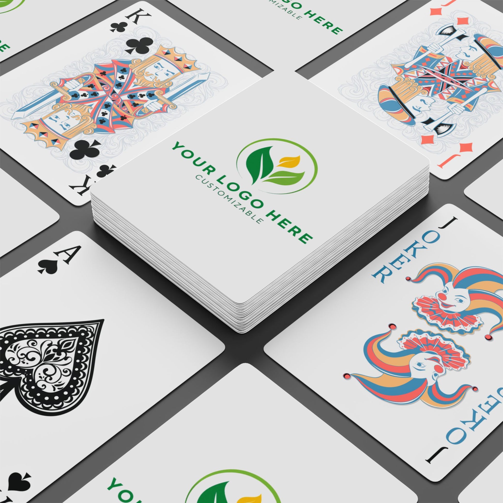 Playing cards with customizable logo on a white background