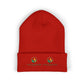 Red beanie with embroidered logos on a white background