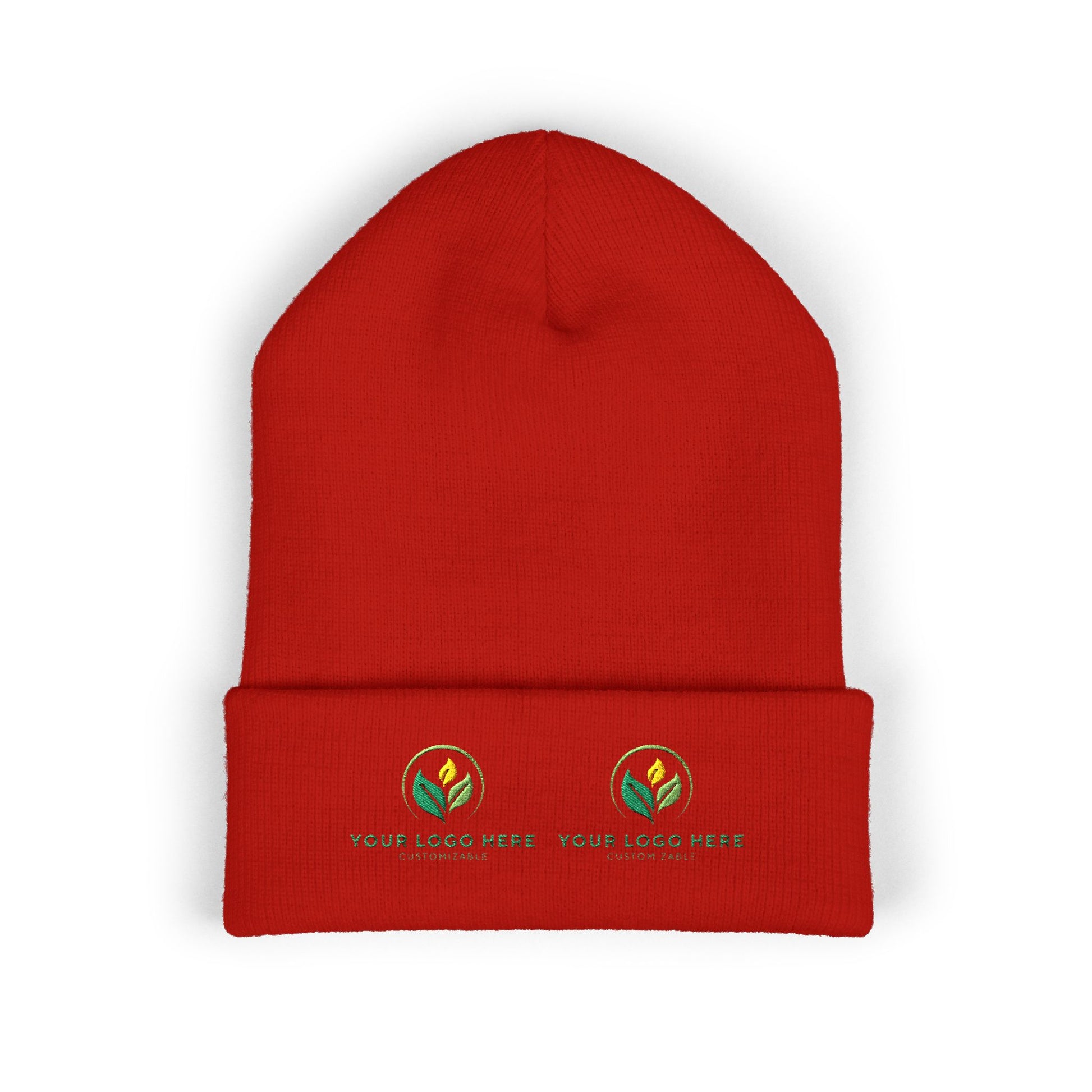 Red beanie with embroidered logos on a white background