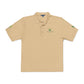 Beige polo shirt with a logo on a white background