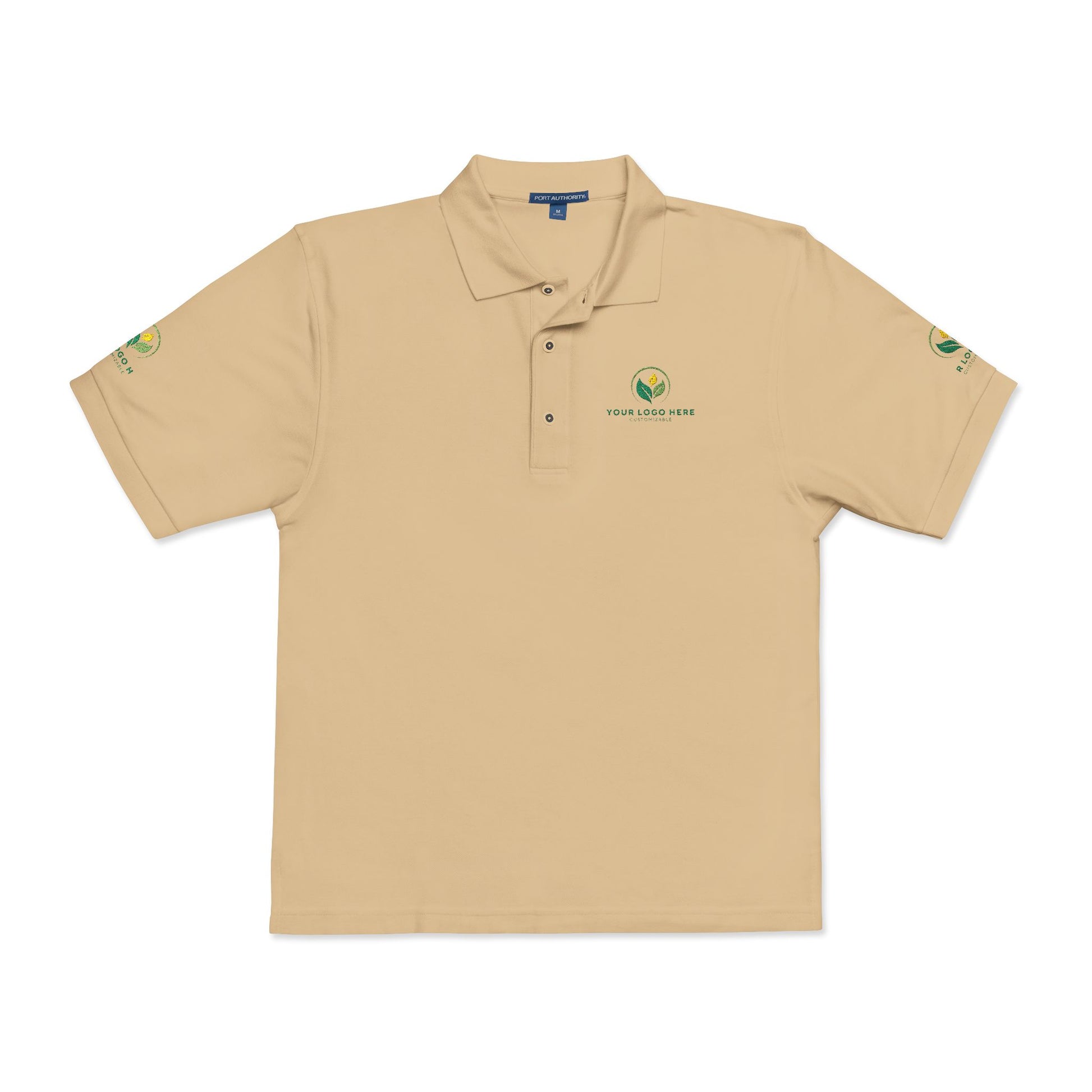 Beige polo shirt with a logo on a white background