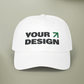 White cap with 'Your Design' text on a beige background