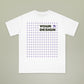 White t-shirt with question mark pattern and 'Your Design' text on a beige background