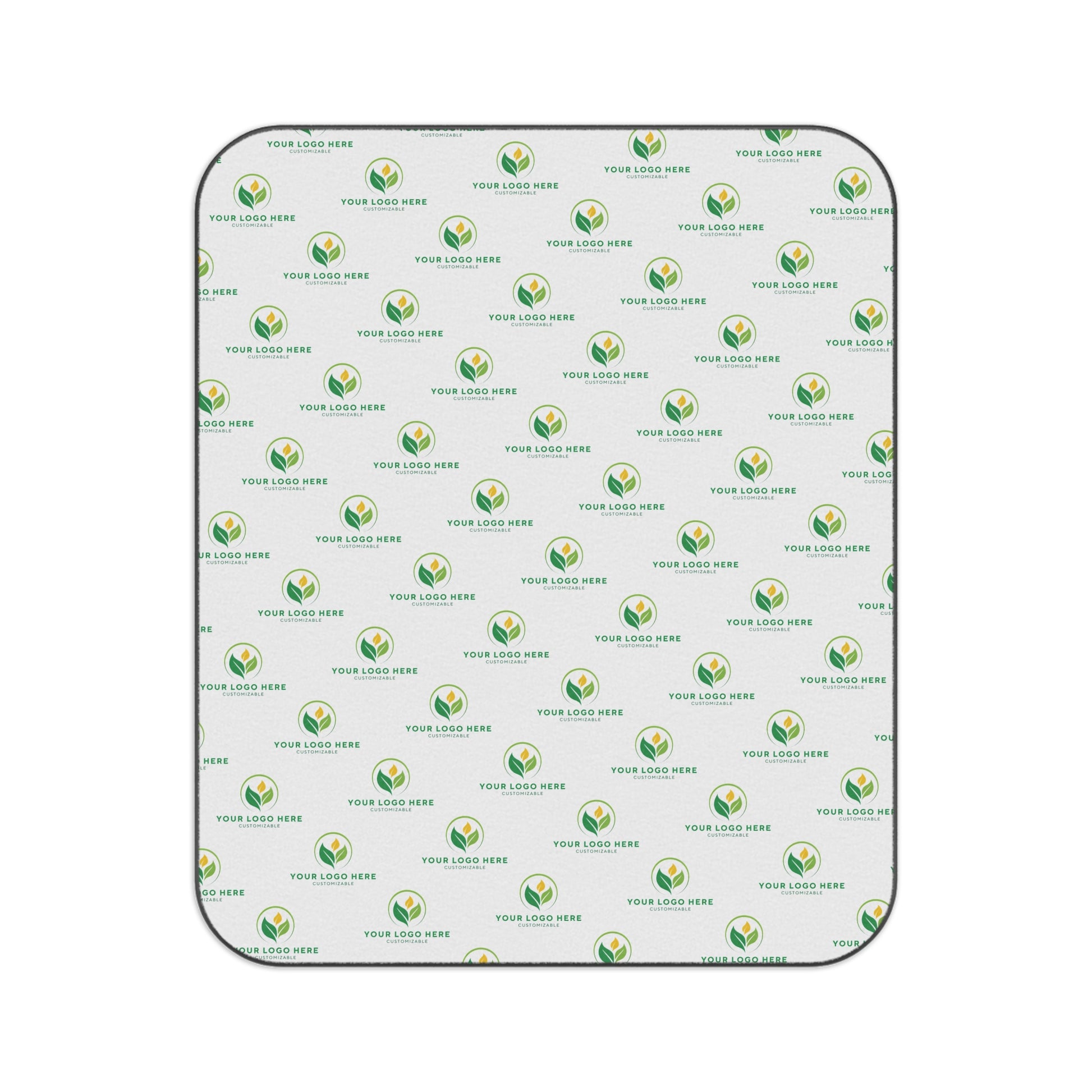 Patterned backdrop with green and blue logo repeats on a white background