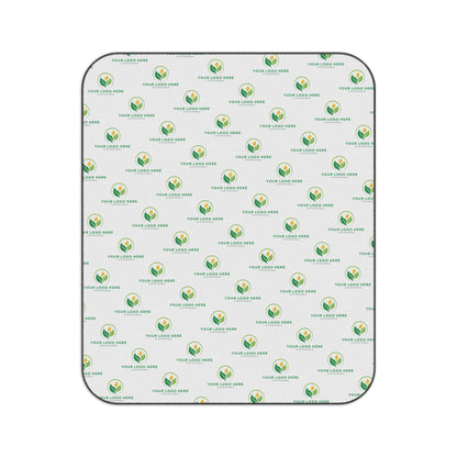 Patterned backdrop with green and blue logo repeats on a white background