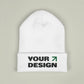 White beanie with customizable text and logo area on a beige background