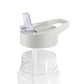 Clear water bottle with a gray cap and straw on a white background