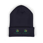 Black beanie with customizable logos on a white background