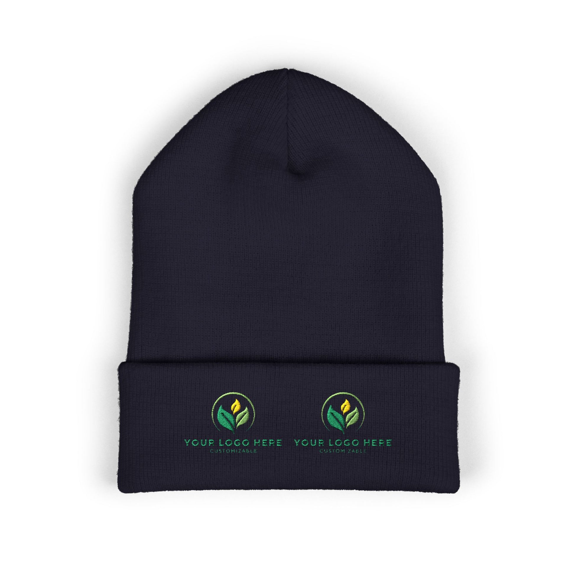 Black beanie with customizable logos on a white background