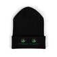 Black beanie with customizable logos on a white background