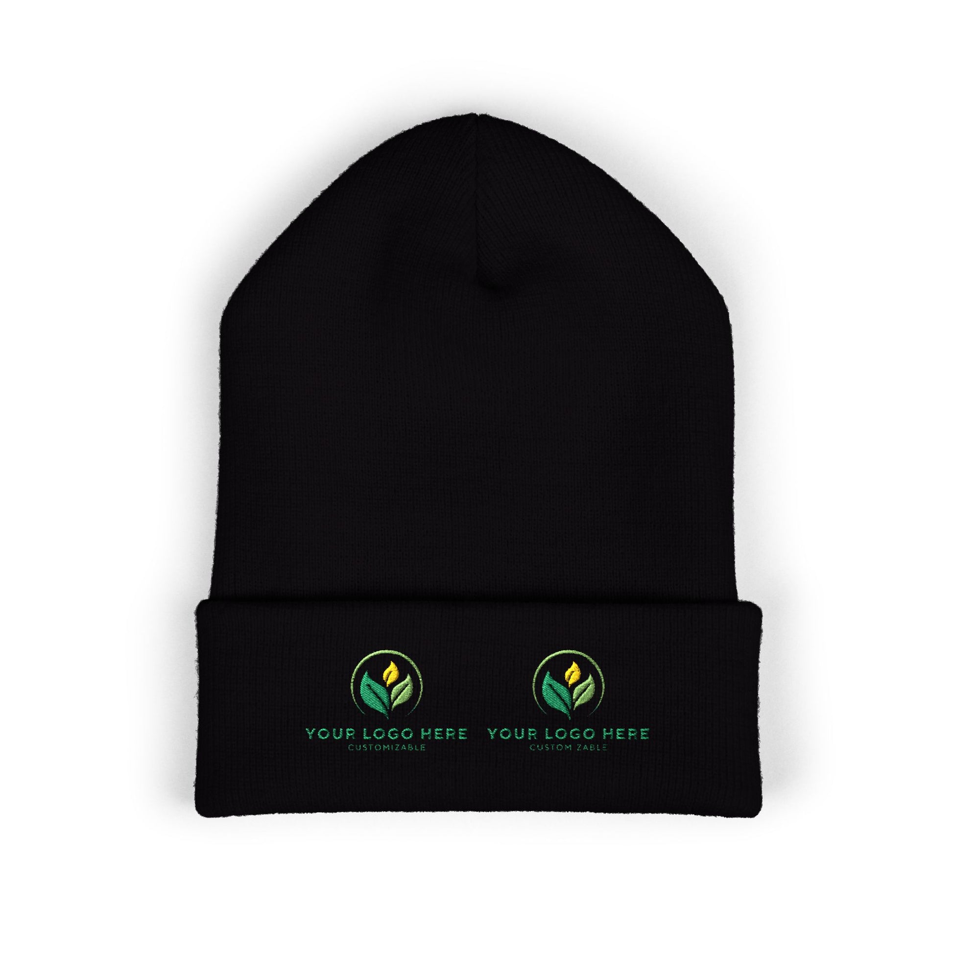 Black beanie with customizable logos on a white background