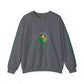 Gray sweatshirt with green leaf logo and text on a white background
