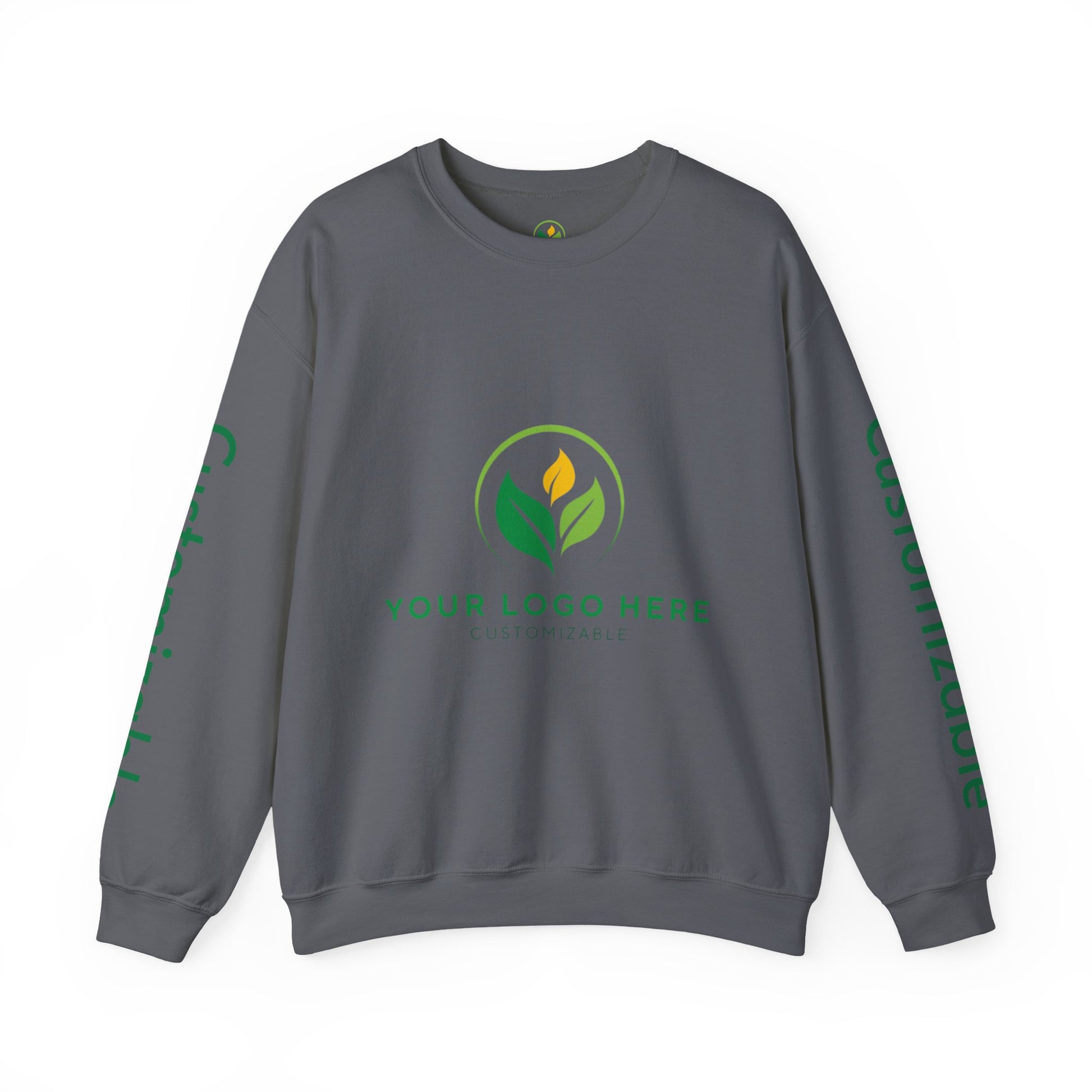 Gray sweatshirt with green leaf logo and text on a white background