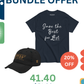 Black t-shirt with text and black cap with gold logo on colorful background, promotional bundle offer.