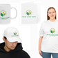 White mug, cap, and t-shirt with customizable logo on a white background
