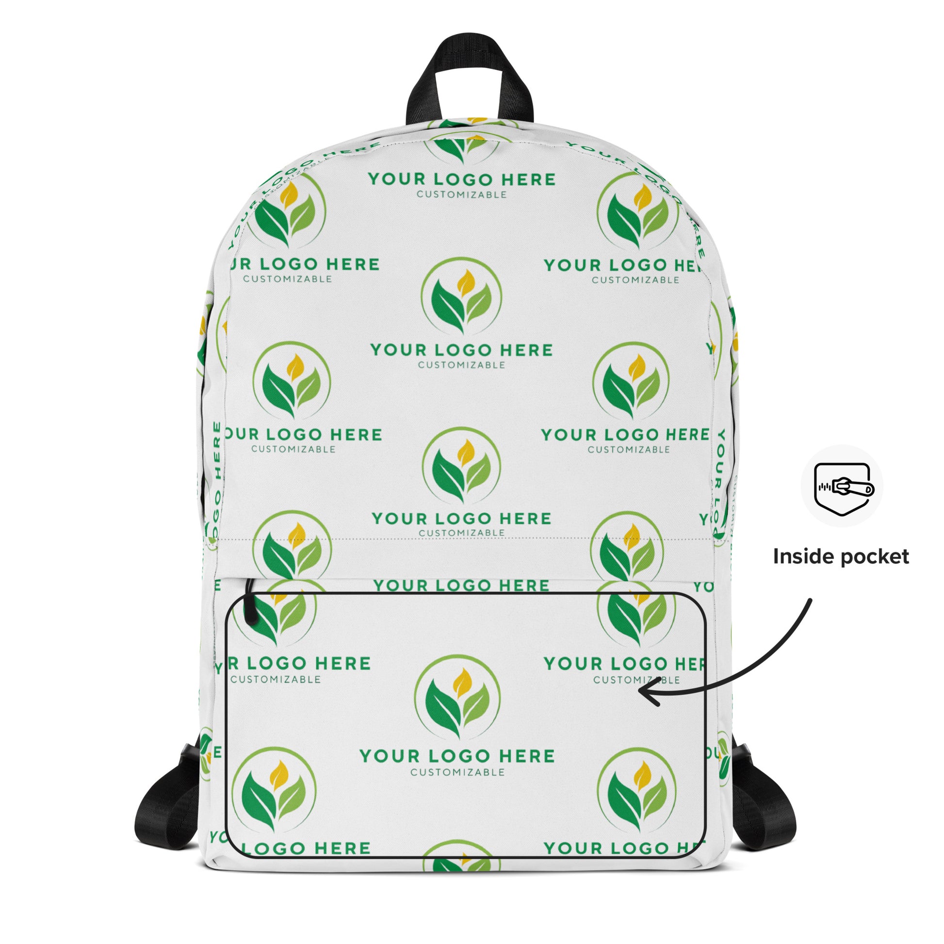 Customizable backpack with logo placeholder and inside pocket indicator