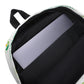 Backpack interior with a laptop pad and customizable branding area.