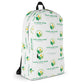 White backpack with customizable logo design on a white background