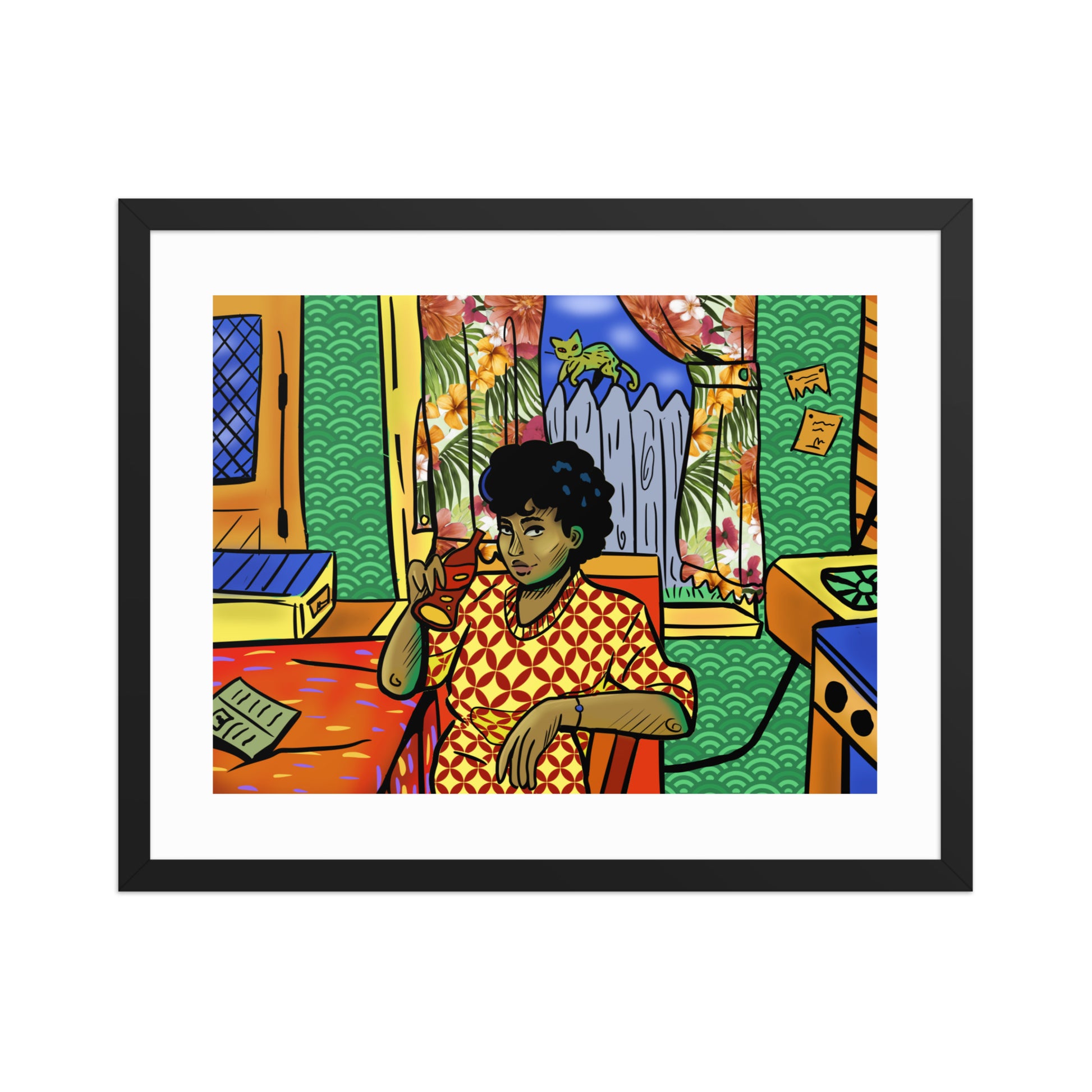 Bold 70s illustration of woman in orange kitchen