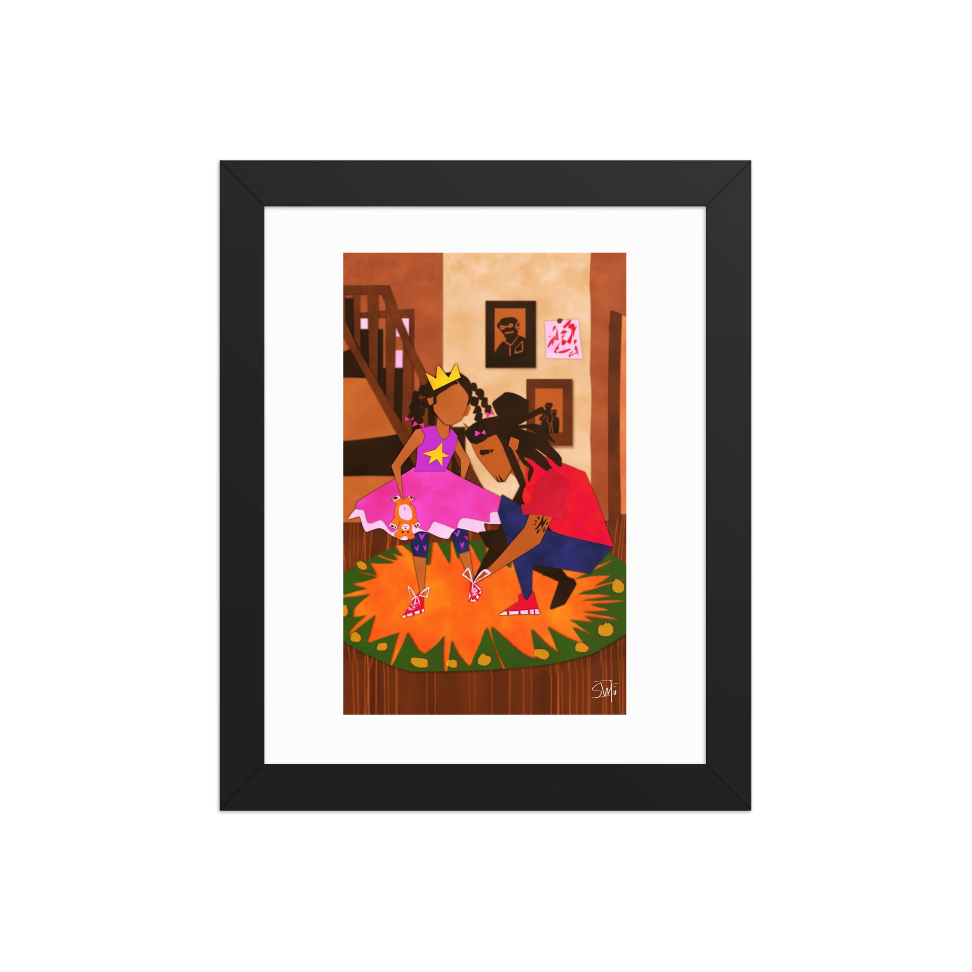 Illustration of girl in princess dress and father tying shoes