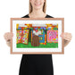 Gee’s Bend inspired framed poster with colorful quilts hanging on a line outdoors