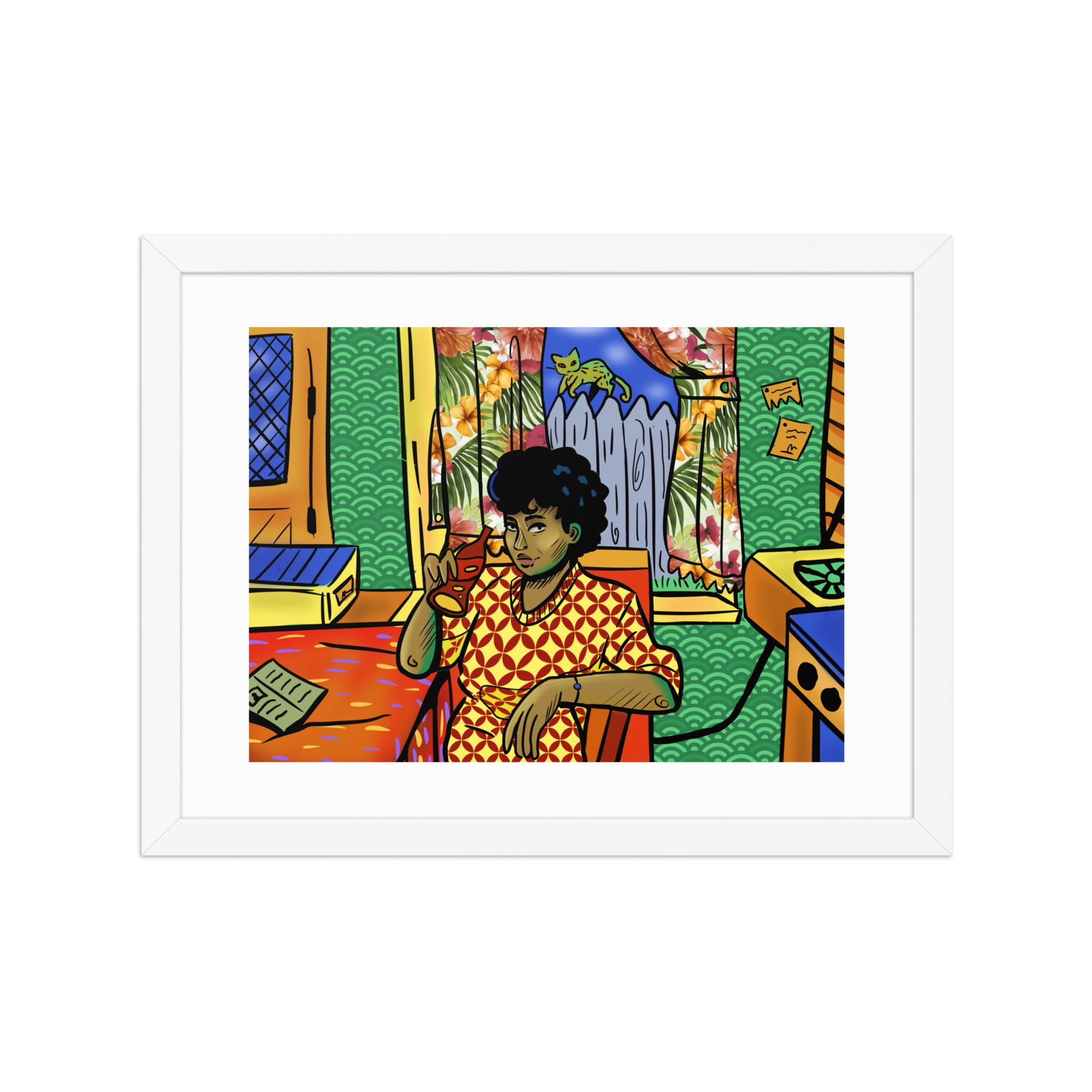 Retro kitchen scene artwork framed with white mat.