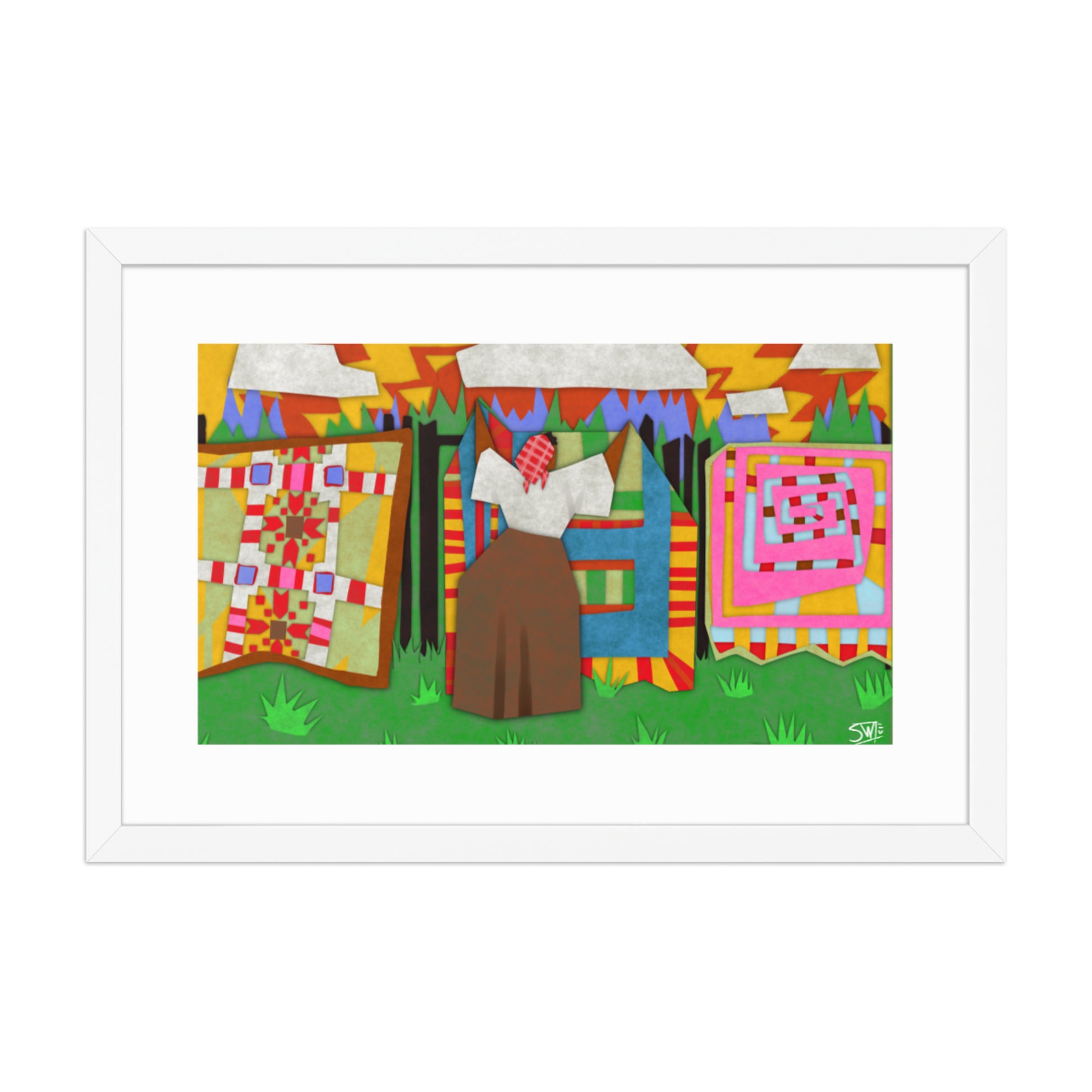 Gee’s Bend inspired framed poster with colorful quilts hanging on a line outdoors
