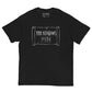 Black t-shirt with white graphic design on a white background