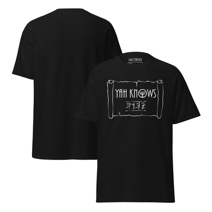 Black t-shirt with 'Yah Knows' graphic on a white background