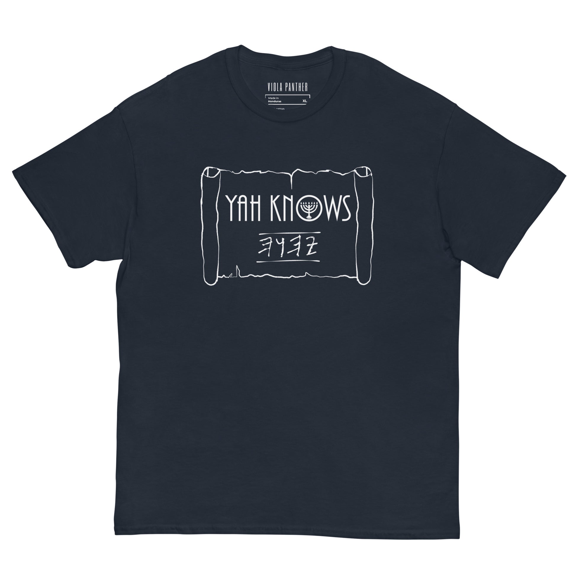 Black t-shirt with white graphic design on a white background