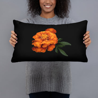 Woman holding Orange Flower soft pillow with plush 100% polyester cover and hidden zipper, featuring bright orange floral design—part of a 4‑pillow floral collection perfect for stylish throw pillow home decor.