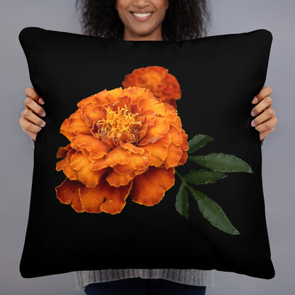 Woman holding Orange Flower soft pillow with plush 100% polyester cover and hidden zipper, featuring bright orange floral design—part of a 4‑pillow floral collection perfect for stylish throw pillow home decor.