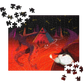 Assorted jigsaw puzzle pieces with a vibrant image of a dragon or a similar creature in a dark, red-colored background. The puzzle depicts a scene with what appears to be a supernatural or fantastical creature.